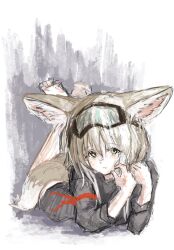 Rule 34 | 1girl, animal ears, arknights, barefoot, blonde hair, closed mouth, commentary request, fox ears, fox girl, fox tail, goggles, goggles on head, green eyes, highres, looking at viewer, lying, mashiro (mashilolicon), on stomach, solo, suzuran (arknights), suzuran (lostlands flowering) (arknights), tail