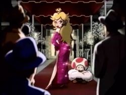 Rule 34 | 1990s (style), 1girl, 4boys, alternate costume, animated, animated gif, bare legs, blinking, blonde hair, blowing kiss, camera, crown, dress, elbow gloves, evening gown, fur trim, gloves, hat, high heels, jewelry, legs, long hair, lots of jewelry, mario (series), mini crown, multiple boys, necklace, nintendo, official art, one eye closed, photographer, princess, princess peach, red carpet, red dress, retro artstyle, sequins, shoes, side slit, super mario all stars, super mario bros. 1, toad (mario), wink