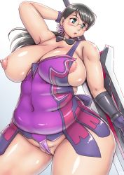 Rule 34 | 1girl, apron, areola slip, bare shoulders, black hair, blue eyes, breast slip, breasts, cattleya (queen&#039;s blade), fat, female focus, glasses, gloves, housewife, huge breasts, huge weapon, long hair, mature female, naked apron, nipples, no bra, orizen, panties, partially visible vulva, pink panties, ponytail, puffy nipples, queen&#039;s blade, shiny skin, solo, sword, underwear, weapon, wide hips