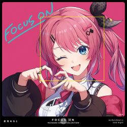 Rule 34 | 1girl, album cover, aoiro oto, bare shoulders, black border, black jacket, black ribbon, blue eyes, blush, border, bow, bowtie, breasts, character name, collared shirt, commentary request, cover, english text, frilled shirt, frills, gradient hair, hair between eyes, hair ornament, hair ribbon, hairclip, heart, heart hands, jacket, jewelry, kuramochi meruto, kuramochi meruto (1st costume), large breasts, long hair, long sleeves, looking at viewer, multicolored hair, multiple rings, nail polish, nijisanji, off shoulder, official art, one eye closed, open clothes, open jacket, open mouth, pink background, pink bow, pink bowtie, pink hair, pink nails, ponytail, puffy sleeves, purple hair, ribbon, ring, shirt, sidelocks, simple background, sleeveless, sleeveless shirt, smile, solo, translated, upper body, viewfinder, virtual youtuber, white shirt
