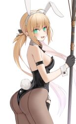 Rule 34 | 1girl, @ @, absurdres, ahoge, animal ears, artoria caster (fate), artoria pendragon (fate), ass, black gloves, black leotard, blonde hair, blush, breasts, brown pantyhose, detached collar, fake animal ears, fate/grand order, fate (series), gloves, green eyes, hat, highleg, highleg leotard, highres, kopaka (karda nui), leotard, long hair, looking at viewer, medium breasts, mini hat, open mouth, pantyhose, playboy bunny, rabbit ears, rabbit tail, smile, solo, staff, tail, thighs, twintails, wavy mouth, white background, wrist cuffs