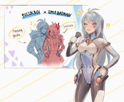 Rule 34 | !, !!, 1girl, 2boys, anger vein, arrow (symbol), azura cecillia, blue hair, blush, breasts, commentary request, diluc (genshin impact), facial tattoo, fujoshi, genshin impact, hand on own hip, highres, holding, holding microphone, indonesian commentary, indonesian text, kaeya (genshin impact), medium breasts, microphone, multicolored hair, multiple boys, musical note, nijisanji, nijisanji id, open mouth, pilot suit, pink hair, ruitoki, smile, streaked hair, tattoo, translated, virtual youtuber