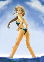 Rule 34 | 1girl, blue eyes, brown hair, chaborin, competition swimsuit, from behind, highres, looking back, one-piece swimsuit, original, ponytail, solo, swimsuit