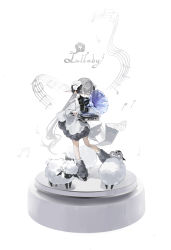 Rule 34 | 1girl, absurdres, alt text, animal ears, bell, black footwear, bow, bowtie, closed eyes, closed mouth, dress, flower, grey hair, hair flower, hair ornament, highres, light smile, long hair, long sleeves, music, music box, musical note, neck bell, original, phonograph, sheep, simple background, socks, solo, standing, twintails, very long hair, white background, white dress, yimili oo