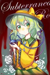 Rule 34 | 1girl, 2024, absurdres, black hat, blood, bloody tears, blush, bow, buttons, closed mouth, commentary, cowboy shot, dated, diamond button, english commentary, english text, eyelashes, flower, frilled shirt collar, frilled sleeves, frills, green eyes, green hair, green skirt, hair bow, hair over shoulder, hat, highres, kiri (maoxianjiu), koishi day, komeiji koishi, long sleeves, looking at viewer, medium hair, nose blush, rose, shirt, signature, simple background, skirt, solo, tareme, third eye, thread, touhou, wavy hair, white flower, white rose, wide sleeves, yellow bow, yellow shirt