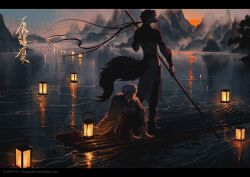 Rule 34 | 2boys, animal ears, artist name, barefoot, bishounen, black fur, black hair, boat, body fur, cape, chinese clothes, chinese text, floating hair, full body, fur-trimmed cape, fur collar, fur trim, furry, furry male, grey hair, holding, holding paddle, kinsatsu (grizzled), lantern, lofter username, long hair, low ponytail, male focus, mountain, multiple boys, original, outdoors, paddle, paper lantern, short hair, short hair with long locks, side slit, sitting, standing, sun, sunset, tail, very long hair, water, watercraft, wolf boy, wolf ears, wolf tail