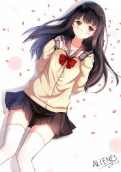 Rule 34 | 1girl, absurdres, allenes, artist name, black hair, black skirt, blue hair, blush, bow, bowtie, brown eyes, brown hair, brown skirt, dated, highres, long hair, long sleeves, looking at viewer, lying, multicolored hair, neckerchief, on back, original, petals, red bow, red bowtie, sailor collar, school uniform, shadow, signature, simple background, skirt, solo, sweater, thighhighs, white background, white thighhighs