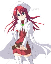 Rule 34 | 1girl, aty, aty (summon night), belt, belt skirt, blue eyes, boots, cape, nanahoshi pal, red hair, solo, summon night, summon night 3, thighhighs