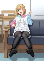 Rule 34 | 1girl, ;d, black pantyhose, blush, brown hair, chair, clothes writing, commentary request, drawstring, green eyes, gurande (g-size), hand up, head tilt, highres, hood, hood down, hoodie, indoors, long sleeves, looking at viewer, no shoes, ok sign, on chair, one eye closed, open mouth, original, pantyhose, puffy long sleeves, puffy sleeves, sitting, sleeves past wrists, smile, soles, solo, table, white hoodie, wooden floor