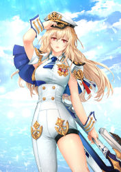 Rule 34 | adjusting clothes, adjusting headwear, asymmetrical clothes, blonde hair, blue sky, breasts, capelet, cloud, day, hat, highres, holding, holding weapon, i-sol-e, long hair, medal, medium breasts, military, military uniform, red eyes, seven knights, single pantsleg, sky, solo, standing, uniform, very long hair, water, weapon, wrist cuffs