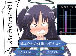 Rule 34 | 1girl, angry, bar graph, black jacket, blue archive, blue necktie, blush, commentary request, graph, halo, highres, jacket, long hair, nanakusa suzuna, necktie, open mouth, purple hair, quiz, solo, translation request, two side up, who wants to be a millionaire, yuuka (blue archive)