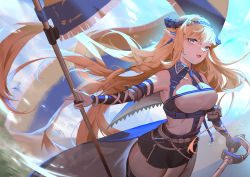 Rule 34 | 1girl, :d, absurdres, arknights, bare shoulders, between breasts, black skirt, blonde hair, blue eyes, blue gloves, blue hairband, blue necktie, braid, breasts, commentary, cowboy shot, detached collar, flag, gloves, hairband, highres, holding, holding flag, holding sword, holding weapon, horns, litoter, long hair, looking at viewer, necktie, necktie between breasts, open mouth, pencil skirt, saileach (arknights), shirt, skirt, smile, solo, standing, strapless, strapless shirt, sword, thighs, very long hair, weapon, white shirt