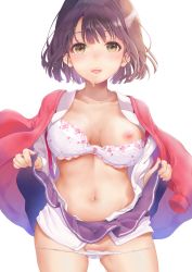 Rule 34 | 1girl, black skirt, blush, bra, breasts, brown hair, clothes lift, collarbone, commentary request, contrapposto, cowboy shot, floral print, groin, heart, heart-shaped pupils, highres, jacket, katou megumi, lace, lace-trimmed bra, lace trim, lifted by self, looking at viewer, medium breasts, midriff, navel, nipples, one breast out, open clothes, open jacket, open mouth, open shirt, panties, panty pull, red jacket, ricca, saenai heroine no sodatekata, shirt, short hair, simple background, skirt, skirt lift, smile, solo, strap slip, sweat, symbol-shaped pupils, teeth, underwear, upper teeth only, white background, white bra, white panties, white shirt, yellow eyes