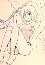 Rule 34 | 1girl, bare legs, barefoot, breasts, commentary request, covered navel, d-m (dii emu), eyelashes, greyscale, looking at viewer, monochrome, one-piece swimsuit, open mouth, short hair, small breasts, swimsuit, tatara kogasa, touhou, traditional media, umbrella
