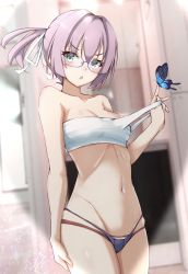 Rule 34 | 1girl, :o, absurdres, bandages, bespectacled, blue butterfly, blue eyes, blush, breasts, bug, butterfly, butterfly on hand, chest sarashi, commentary request, cowboy shot, glasses, hair between eyes, hair ribbon, highres, honma (honmatomohiro), insect, kantai collection, looking at viewer, medium breasts, panties, pink hair, ponytail, purple panties, ribbon, sarashi, shiranui (kancolle), shiranui kai ni (kancolle), short hair, signature, solo, underwear, underwear only, white ribbon