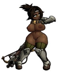 Rule 34 | 1girl, arbalest (darkest dungeon), armor, armored boots, boots, bow (weapon), breasts, brown hair, cleft of venus, crossbow, dark-skinned female, dark nipples, dark skin, darkest dungeon, full body, functionally nude, gauntlets, gloves, gorget, greaves, green thighhighs, hairband, high heels, high ponytail, holding, holding weapon, huge breasts, lowres, naked armor, navel, nipples, no bra, no panties, nude, nude mod, open mouth, pauldrons, pussy, rerebrace, reverse outfit, sabaton, shoulder armor, solo, standing, striped clothes, striped thighhighs, thighhighs, transparent background, vambraces, vertical-striped clothes, vertical-striped thighhighs, weapon, xelsword, yellow eyes