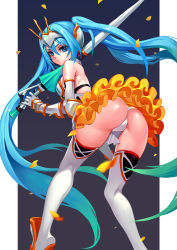 Rule 34 | 1girl, aqua hair, ass, bare shoulders, blue eyes, blue hair, breasts, carrying over shoulder, closed mouth, closed umbrella, crown, fkey, frilled skirt, frills, frown, gloves, gradient background, gradient hair, hair between eyes, hatsune miku, helmet, highres, holding, holding umbrella, kneepits, leaning forward, legs apart, long hair, looking at viewer, looking back, matching hair/eyes, miniskirt, motion blur, multicolored hair, outside border, panties, pantyshot, petals, pillarboxed, pout, shiny skin, skirt, small breasts, solo, standing, thighhighs, twintails, umbrella, underwear, upskirt, vambraces, very long hair, vocaloid, white gloves, white panties, white thighhighs