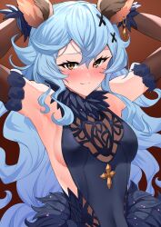 Rule 34 | 1girl, absurdres, animal ears, armpits, arms up, backless dress, backless outfit, black dress, black gloves, blue eyes, blush, breasts, brown background, covered erect nipples, dress, elbow gloves, erune, ferry (granblue fantasy), gloves, gradient background, granblue fantasy, hair ornament, highres, long hair, medium breasts, nose blush, open mouth, saru (pixiv13751598), sleeveless, sleeveless dress, solo, sweat, tongue, upper body, x hair ornament, yellow eyes