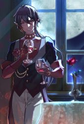 Rule 34 | 1boy, absurdres, ahoge, aibon, alcohol, black hair, commentary request, cross, cross earrings, cup, dracula (masterwork apocalypse), drinking glass, earrings, elbow gloves, fingerless gloves, flower, gloves, highres, holding, holding cup, indoors, jewelry, looking to the side, male focus, masterwork apocalypse, moon, pants, parted lips, pointy ears, red eyes, red flower, red gloves, short hair, single fingerless glove, smile, solo, standing, star-shaped pupils, star (symbol), symbol-shaped pupils, teeth, turtleneck, vampire, waistcoat, white pants, window, wine, wine glass