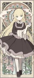 Rule 34 | 1girl, absurdres, art nouveau, blonde hair, blunt bangs, brown dress, brown footwear, commentary request, dress, flower, frilled shirt collar, frills, full body, gosick, greatmosu, green eyes, hand up, head tilt, highres, holding, holding smoking pipe, loafers, long hair, long sleeves, pantyhose, pink flower, pleated dress, shoes, sidelocks, smoke, smoking pipe, solo, standing, thorns, very long hair, victorica de blois, white pantyhose, wide sleeves
