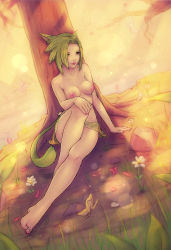 Rule 34 | 10s, 1girl, against tree, animal ears, arm support, bad id, bad pixiv id, bare legs, barefoot, breasts, cat ears, cat tail, feet, final fantasy, final fantasy xiv, flower, grass, green hair, highres, miniskirt, miqo&#039;te, nature, nipples, short hair, sitting, skirt, solo, soranamae, tail, topless, tree, yellow eyes
