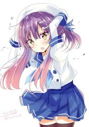 Rule 34 | 1girl, black thighhighs, blue neckerchief, blue ribbon, blue skirt, blush, buttons, gloves, gradient hair, hair ornament, hat, highres, hizaka, kantai collection, long hair, looking at viewer, multicolored hair, neckerchief, one-hour drawing challenge, open mouth, pink hair, pleated skirt, puffy short sleeves, puffy sleeves, purple eyes, purple hair, ribbon, sailor hat, school uniform, serafuku, short hair, short sleeves, sidelocks, simple background, skirt, solo, thighhighs, tsushima (kancolle), twitter username, white background, white gloves, white hat
