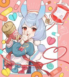 Rule 34 | 1girl, :o, absurdres, animal ears, apron, artist name, bandaid, blood, blood bag, blue bow, blue dress, blue hair, blush, bow, bowtie, clipboard, commentary request, covering own mouth, crossed bangs, cup, dress, eyelashes, genshin impact, gloves, gun, hair between eyes, hair ornament, hand over own mouth, hands up, hat, heart, highres, holding, holding gun, holding weapon, intravenous drip, long sleeves, looking at viewer, low twintails, medium hair, misoshiru umai4, nurse cap, open mouth, pencil, pill, pink background, pink bow, pom pom (clothes), pom pom hair ornament, red bow, red bowtie, red eyes, red ribbon, ribbon, short twintails, sidelocks, sigewinne (genshin impact), signature, simple background, solo, teeth, twintails, twitter username, two-tone background, upper teeth only, waist apron, weapon, white apron, white background, white gloves, white hat