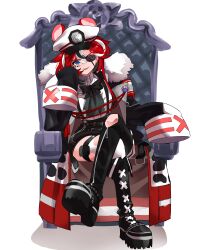 Rule 34 | 1girl, absurdres, animal ears, armband, asymmetrical legwear, black bow, black coat, blue eyes, boots, bow, coat, crossed legs, eyepatch, hakos baelz, hakos baelz (4th costume), hat, highres, hololive, hololive english, koizumi arata, military hat, mismatched legwear, mouse ears, multicolored hair, red hair, red lips, sitting, sleeves past fingers, sleeves past wrists, streaked hair, virtual youtuber
