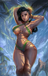 Rule 34 | 1girl, abs, ass, bare arms, bare shoulders, bikini, black hair, breasts, breasts apart, brown eyes, capcom, cleavage, curvy, cutesexyrobutts, female focus, green bikini, highres, hip focus, huge ass, laura matsuda, long hair, looking at viewer, navel, outdoors, palm tree, shiny skin, skindentation, sky, slingshot swimsuit, smile, solo, stomach, street fighter, swimsuit, thick thighs, thighs, tree, wide hips