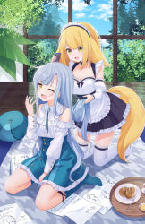 Rule 34 | 2girls, :d, animal ears, bare shoulders, black dress, blonde hair, blue skirt, blue socks, bread, breasts, cleavage, comb, commentary request, cup, dress, food, frilled dress, frilled skirt, frills, grey hair, highres, holding, indoors, kneeling, knife, long hair, long sleeves, maid, medium breasts, multiple girls, no shoes, one eye closed, open mouth, original, plate, pleated dress, poppy (poppykakaka), puffy long sleeves, puffy sleeves, ribbed legwear, saucer, shirt, sitting, skirt, smile, socks, tail, thighhighs, tray, very long hair, wariza, wavy mouth, white legwear, white shirt, window, yawning, yellow eyes