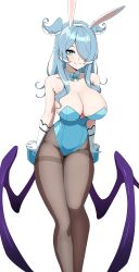 Rule 34 | 1girl, absurdres, animal ears, aqua bow, aqua bowtie, aqua eyes, aqua leotard, asuna (blue archive), asuna (blue archive) (cosplay), asuna (bunny) (blue archive), bare shoulders, blue archive, blue hair, blue wings, bow, bowtie, breasts, commentary, cosplay, daydarion, detached collar, elira pendora, english commentary, fake animal ears, feet out of frame, gloves, hair over one eye, head wings, highres, large breasts, leotard, long hair, looking at viewer, low wings, mole, mole on armpit, multicolored hair, nijisanji, nijisanji en, one eye covered, pantyhose, playboy bunny, rabbit ears, smile, solo, standing, strapless, strapless leotard, thighband pantyhose, traditional bowtie, virtual youtuber, white background, white gloves, white hair, wings