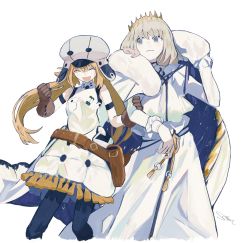 Rule 34 | 1boy, 1girl, ^ ^, artoria caster (fate), artoria caster (first ascension) (fate), artoria pendragon (fate), bare shoulders, belt, blonde hair, blue eyes, blush, brown gloves, cabbie hat, cloak, closed eyes, crown, diamond hairband, fate/grand order, fate (series), feet out of frame, frilled sleeves, frills, frown, fur-trimmed cloak, fur trim, gloves, green eyes, grey headwear, hand grab, hat, highres, juliet sleeves, long hair, long sleeves, looking at another, medium hair, no wings, oberon (fate), official alternate costume, open mouth, puffy sleeves, signature, simple background, sleeveless, smile, sost fgo, tassel, twintails, white background, white cloak, white hair