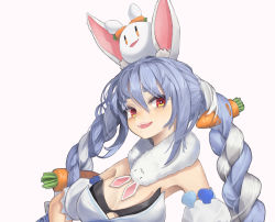 Rule 34 | 1girl, animal, animal ear fluff, animal ears, animal on head, bare shoulders, blue hair, carrot hair ornament, cropped, food-themed hair ornament, hair between eyes, hair ornament, highres, hololive, hwoi (hw 123), light blue hair, multicolored eyes, multicolored hair, on head, open mouth, pekomon (usada pekora), pink background, rabbit, rabbit ears, rabbit on head, red eyes, short eyebrows, simple background, solo, symbol-shaped pupils, teeth, twintails, upper body, upper teeth only, usada pekora, usada pekora (1st costume), virtual youtuber, white hair, yellow eyes