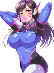 Rule 34 | 1girl, animal print, armor, arms behind head, arms up, breasts, brown eyes, brown hair, covered erect nipples, covered navel, cowboy shot, d.va (overwatch), eyelashes, facial mark, hair between eyes, high collar, large breasts, legs together, long hair, looking at viewer, nishida megane, overwatch, overwatch 1, pauldrons, rabbit print, shoulder armor, simple background, skin tight, solo, standing, thighhighs, whisker markings, white background
