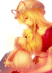 Rule 34 | 2girls, alice margatroid, bad id, bad pixiv id, blonde hair, bloom, blue eyes, elbow gloves, eye contact, female focus, gloves, hairband, hand on another&#039;s face, hat, irua, long hair, looking at another, multiple girls, profile, red eyes, short hair, touhou, yakumo yukari, yuri