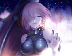 Rule 34 | 1girl, armor, armored dress, backlighting, blurry, breasts, cleavage, close-up, command spell, commentary, crying, crying with eyes open, depth of field, fate/grand order, fate (series), hair over one eye, half-closed eyes, holding, holding shield, large breasts, lens flare, looking at viewer, mash kyrielight, open mouth, out of frame, purple eyes, purple hair, reaching, shield, short hair, sky, smile, solo focus, spoilers, star (sky), starry sky, tears, teeth, upper body, wowishi