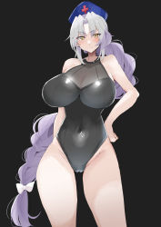 Rule 34 | 1girl, black background, black one-piece swimsuit, blue hat, braid, braided ponytail, breasts, brown eyes, cameltoe, cleavage, cleft of venus, closed mouth, covered navel, cross, grey hair, groin, hand on own hip, hat, highres, large breasts, long28, long hair, looking at viewer, nurse cap, one-piece swimsuit, red cross, simple background, single braid, solo, swimsuit, touhou, trigram, very long hair, yagokoro eirin