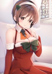Rule 34 | 1girl, absurdres, ascot, bow, bowtie, breasts, brown eyes, brown hair, christmas tree hair ornament, cleavage, couch, detached collar, dress, fur-trimmed dress, fur-trimmed sleeves, fur trim, green bow, green neckwear, hair ornament, hairband, highres, indoors, kantai collection, large breasts, looking at viewer, natori (kancolle), red dress, santa costume, santa dress, short hair, sitting, smile, solo, white hairband, window, yunamaro