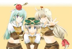 Rule 34 | 3girls, apple, apple o archer, apple on head, arrow (projectile), black eyes, blonde hair, blue eyes, blush, bow, brown shirt, brown skirt, closed mouth, commentary request, crop top, food, fruit, green hair, green headwear, grey hair, grin, hair between eyes, hair bow, hunter (ragnarok online), jacket, long hair, looking at viewer, low-tied long hair, maru (sasayama chikage), mask, midriff, miniskirt, multiple girls, mushroom on head, navel, open mouth, purple eyes, ragnarok online, red apple, red bow, shirt, short hair, short sleeves, shorts, shorts under skirt, skirt, smile, upper body, white jacket