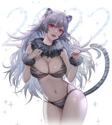 Rule 34 | 1girl, 2022, absurdres, animal ear fluff, animal ears, bikini, breasts, chinese zodiac, cleavage, clenched hands, colored tips, commentary, cowboy shot, english commentary, eyelashes, fur collar, grey bikini, grey hair, grey nails, hands up, highres, large breasts, lips, long hair, looking at viewer, multi-strapped bikini, multicolored hair, nail polish, navel, nengajou, new year, oeun, original, parted lips, paw pose, red eyes, red lips, shiny skin, skindentation, sparkle, swimsuit, tail, tiger ears, tiger girl, tiger stripes, tiger tail, very long hair, white background, wrist cuffs, year of the tiger