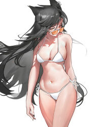 Rule 34 | 1girl, absurdres, animal ears, arknights, bare arms, bare shoulders, bikini, black hair, commentary request, cowboy shot, highres, long hair, looking at viewer, navel, orange eyes, rui (woyoudabing rui), side-tie bikini bottom, simple background, solo, standing, stomach, sunglasses, swimsuit, texas (arknights), thighs, very long hair, white background, white bikini, wolf ears