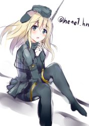 Rule 34 | 10s, 1girl, bad id, bad pixiv id, black dress, black pantyhose, blonde hair, blue eyes, blush, cropped jacket, dress, garrison cap, hat, henet hene, kantai collection, long hair, long sleeves, military, military uniform, open mouth, pantyhose, puffy long sleeves, puffy sleeves, sitting, solo, twintails, twitter username, u-511 (kancolle), uniform