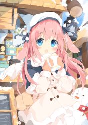 Rule 34 | 1girl, :o, animal ears, bag, beret, black capelet, blue eyes, blue sky, blush, brown mittens, capelet, cloud, cloudy sky, coat, commentary request, cup, day, ears down, floppy ears, fur-trimmed capelet, fur-trimmed coat, fur-trimmed sleeves, fur trim, hair between eyes, hands up, hat, highres, holding, holding cup, kushida you, lantern, long hair, looking at viewer, mittens, mug, open mouth, original, outdoors, pink hair, rabbit ears, red scarf, scarf, shoulder bag, sky, snow, snowman, solo, teacup, very long hair, white coat, white hat