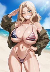 1girl absurdres american_flag american_flag_bikini american_flag_print bare_shoulders beach bikini blonde_hair blue_eyes blue_sky blush breasts cleavage collarbone flag_print girls_und_panzer green_jacket grin handplug highres jacket kay_(girls_und_panzer) large_breasts long_hair long_sleeves looking_at_viewer navel off_shoulder one_eye_closed parted_bangs print_bikini salute skindentation sky smile solo swimsuit thighs