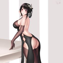 Rule 34 | 1girl, absurdres, ass, ass cutout, azur lane, backless dress, backless outfit, black dress, black flower, black rose, bodystocking, breasts, chen hai (azur lane), chen hai (vestibule of wonders) (azur lane), china dress, chinese clothes, clothing cutout, dress, elbow gloves, flower, from side, gloves, highres, large breasts, long hair, looking at viewer, looking to the side, official alternate costume, rose, solo, standing, zhangdage