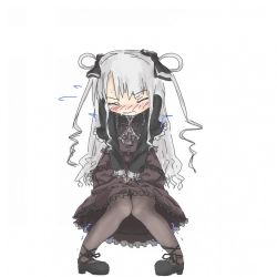Rule 34 | 1girl, between legs, black bow, black capelet, black footwear, black pantyhose, blush, bow, capelet, closed eyes, dress, female focus, flying sweatdrops, frilled capelet, frilled dress, frills, full body, gothic lolita, grey hair, hair bow, hair ornament, hair rings, hand between legs, have to pee, jirene, knees together feet apart, lolita fashion, long hair, long sleeves, nose blush, original, own hands together, pantyhose, pigeon-toed, shoes, simple background, solo, standing, sweat, trembling, v arms, wavy mouth, white background