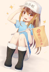 Rule 34 | 10s, 1girl, :d, arm up, black footwear, blue shirt, blush, boots, brown background, brown eyes, brown hair, character name, commentary request, flag, flat cap, grey hat, grey shorts, hair between eyes, hat, hataraku saibou, highres, holding, holding flag, ji dao ji, knee boots, long hair, open mouth, platelet (hataraku saibou), round teeth, rubber boots, salute, shirt, short shorts, short sleeves, shorts, simple background, sitting, smile, solo, sparkle, teeth, upper teeth only, very long hair