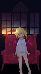Rule 34 | 1girl, akimaki yuu, armchair, arms at sides, barefoot, blonde hair, chair, closed mouth, collared shirt, flandre scarlet, frilled shirt collar, frills, hair between eyes, hair ribbon, highres, indoors, legs, long sleeves, looking at viewer, night clothes, ponytail, red eyes, red ribbon, ribbon, ribbon-trimmed collar, ribbon-trimmed sleeves, ribbon trim, shirt, short hair, sitting, solo, sunset, touhou, white shirt, window