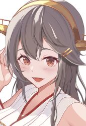 Rule 34 | 1girl, black hair, brown eyes, commentary request, detached sleeves, hair ornament, hairband, hairclip, haruna (kancolle), headgear, highres, japanese clothes, kantai collection, long hair, looking at viewer, simple background, sleeveless, solo, taki rentaro, upper body, white background