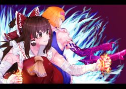 Rule 34 | 2girls, alice margatroid, ascot, aura, back-to-back, bandaged arm, bandages, blonde hair, blue dress, bois de justice, bow, breasts, brown eyes, brown hair, capelet, clenched hands, closed mouth, collar, commentary request, cookie (touhou), dies irae, dress, fire, frilled bow, frilled capelet, frilled collar, frills, glint, grin, hair bow, hairband, hakurei reimu, hinase (cookie), kanna (cookie), large breasts, letterboxed, long hair, looking to the side, medium hair, multiple girls, pink hairband, red bow, red dress, respawn dead, sarashi, scar, scar on arm, shinza bansho series, shirt, sleeveless, sleeveless dress, smile, touhou, upper body, white capelet, white shirt, yellow ascot